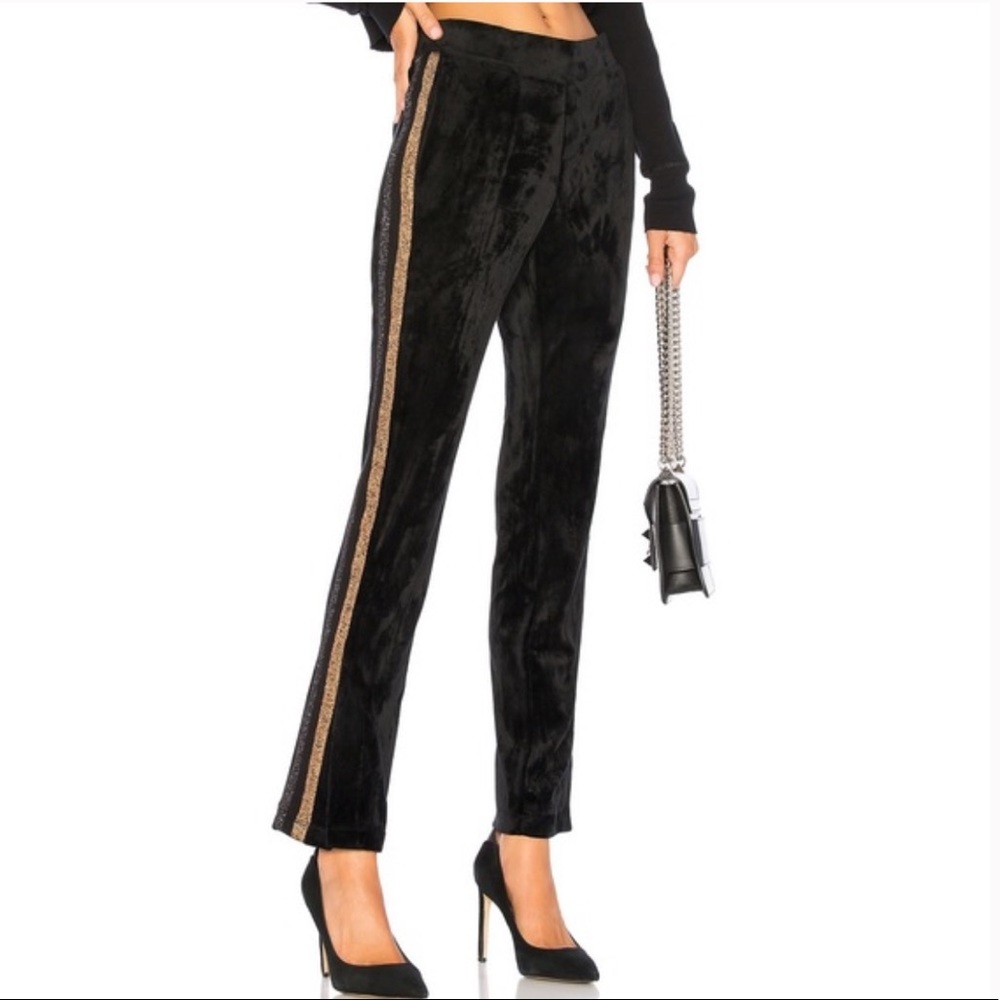 Pam & Gela Black Velvet Metallic Striped Track Pants With Slide Slits NWT S